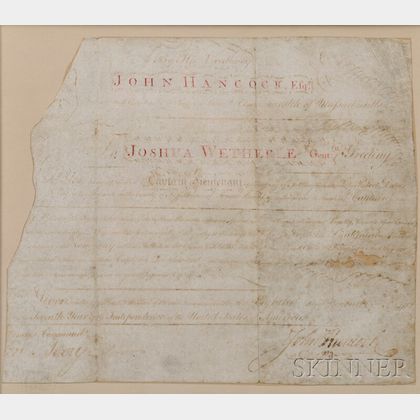 Hancock, John (1737-1793) Signed Document on Parchment. 8 November 1782.