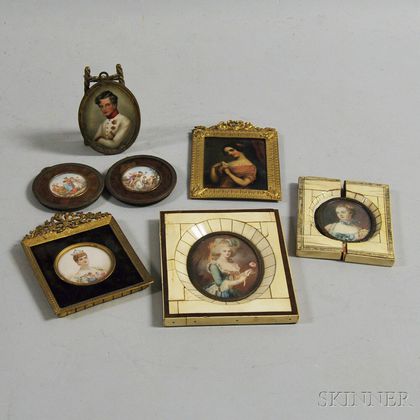 Five Portrait Miniatures and a Pair of Miniature Framed Classical Scenes