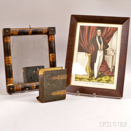 Framed Currier & Ives "Son of Temperance," a Small Split-baluster Mirror, and an Early Photo Album. Estimate $150-250