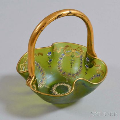 Victorian Art Glass Floral-enameled Wedding Basket