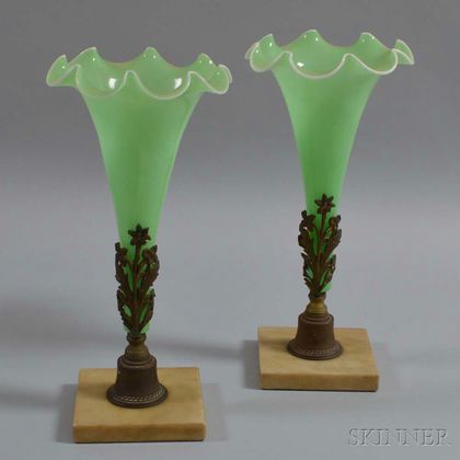 Pair of Green Opaline Glass and Metal-mounted Mantel Vases