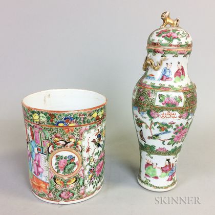 Rose Medallion Porcelain Covered Vase and Mug