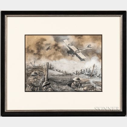 Image Depicting Trench Warfare with Biplanes and Hotchkiss Machine Gun