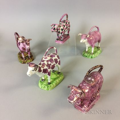 Five Staffordshire Pink Lustre Ceramic Cow Creamers