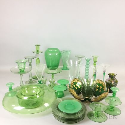 Approximately Forty-three Pieces of Green Art Glass