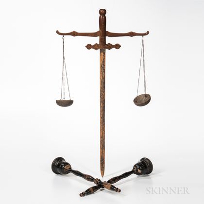 Pair of Turned and Black-painted Odd Fellows Torches and a Wooden Sword with Balance Scale