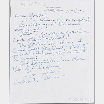 Tennessee Williams (1911-1983) Archive of Letters, early 1980s.