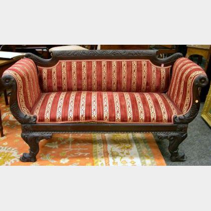 Victorian Upholstered Carved Mahogany Sofa. 