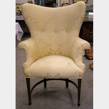 Regency-style Yellow Damask Upholstered Carved Easy Chair. 
