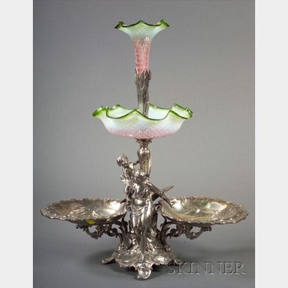 Art Nouveau Silver Plate and Blown Glass Epergne