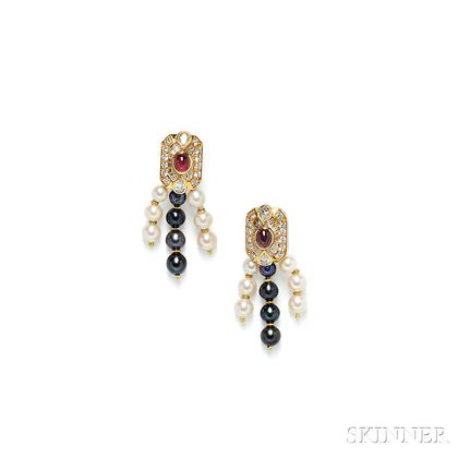 18kt Gold, Rock Crystal, Ruby, and Cultured Pearl Earpendants, Boucheron