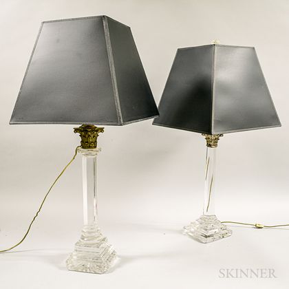 Two Colorless Glass Columnar Table Lamps