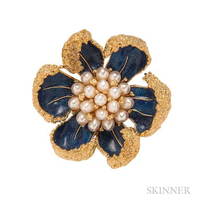 18kt Gold, Enamel, and Cultured Pearl Flower Brooch