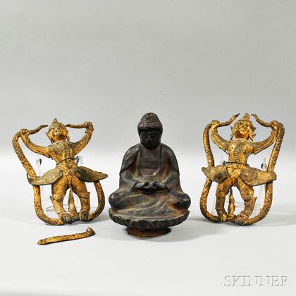 Pair of Southeast Asian Gilt Figures and a Japanese Lacquer Buddha