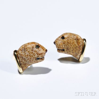 18kt Gold and Hardstone Cuff Links, each with hardstone cheetah. 