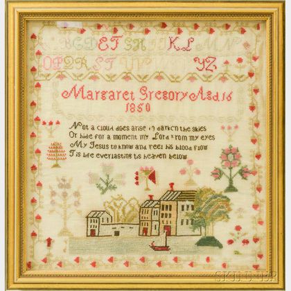 Framed Needlework Sampler, "Margaret Gregory,"