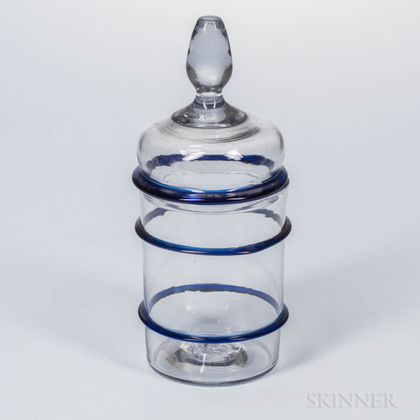 Blown Blue and Colorless Glass Jar