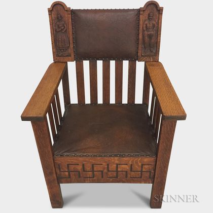Arts and Crafts Leather-upholstered Carved Oak Armchair