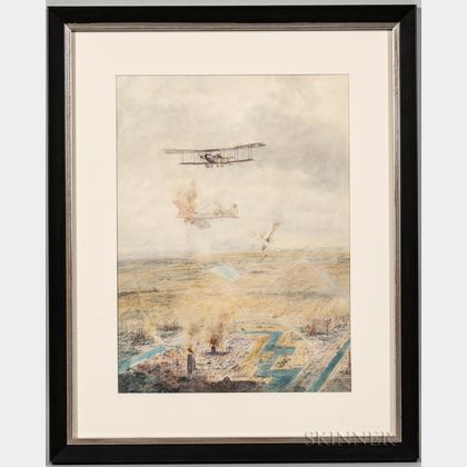 Watercolor Depicting a Dogfight Over a Town