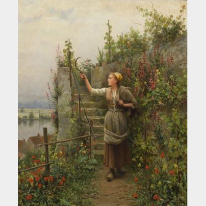 Daniel Ridgway Knight (American, 1839-1924) In the Garden/A Young Woman with a Scythe