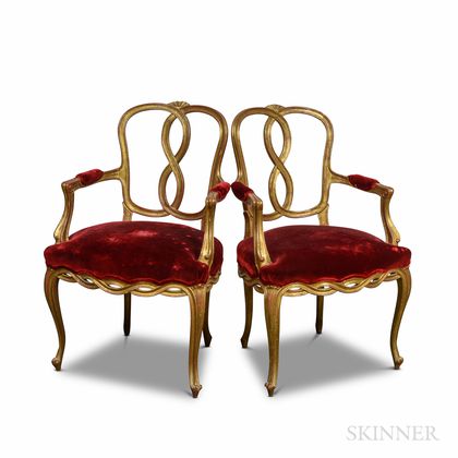 Pair of Louis XV-style Gilt and Velvet-upholstered Fauteuil