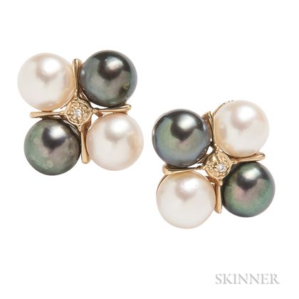 Pair of 14kt Gold, Cultured Pearl, and Diamond Earrings