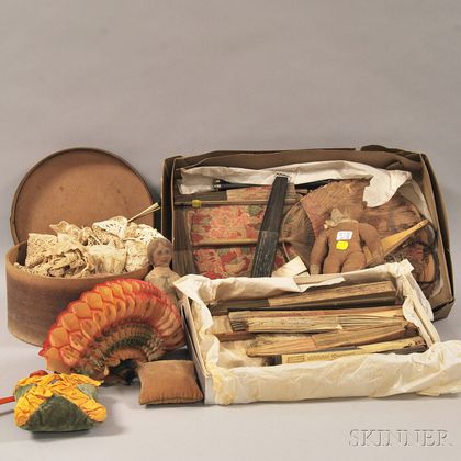 Collection of 19th and 20th Century Hand Fans and a Circular Wood Lap-sided Box with Sewing Notions, Crochetwork, Pincushions, Etc.