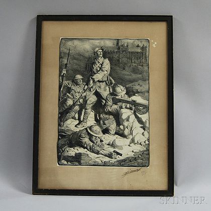 Framed WWI Battle Scene Lithograph