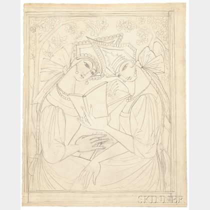 Natalia Sergeevna Goncharova (Russian, 1881-1962),Two Russian Maidens Reading/A Preparatory Drawing for a Poster Design for J. Povoloz