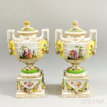 Pair of German Porcelain Covered Urns with Hand-painted Figural Scenes