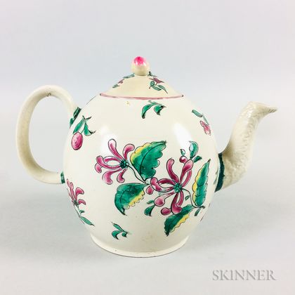 Staffordshire Salt-glazed and Enameled Ceramic Teapot