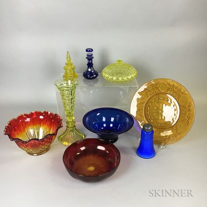 Nine Pieces of Colored Glass Tableware