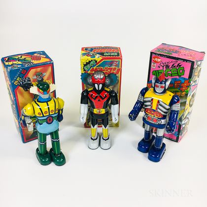 Three Tin Litho Japanese Wind-up Robots with Original Boxes