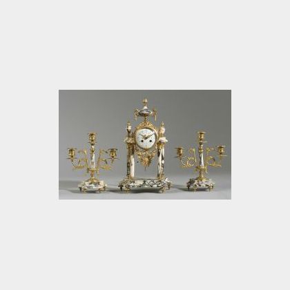 French Three Piece Ormolu Mounted Marble Clock Garniture