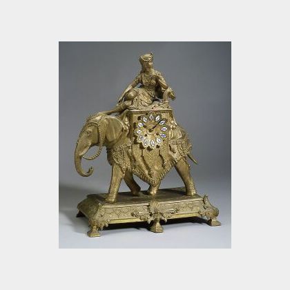Egyptian Revival Elephant-form Gold Painted White Metal Mantel Clock