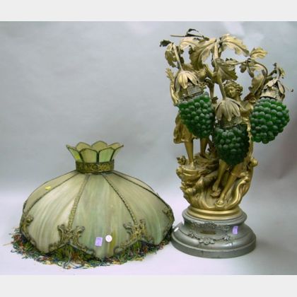 Gold Painted Cast Metal Figural and Green Glass Grape Cluster Table Lamp with Green Slag Glass Bent Panel Shade... 