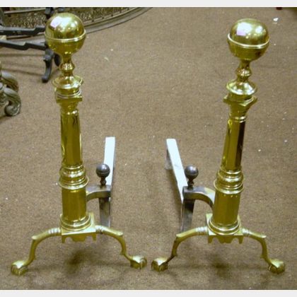 Pair of Brass Belted Ball-top Andirons. 