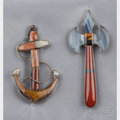 Two Whimsical Victorian Silver and Scottish Agate Figural Brooches