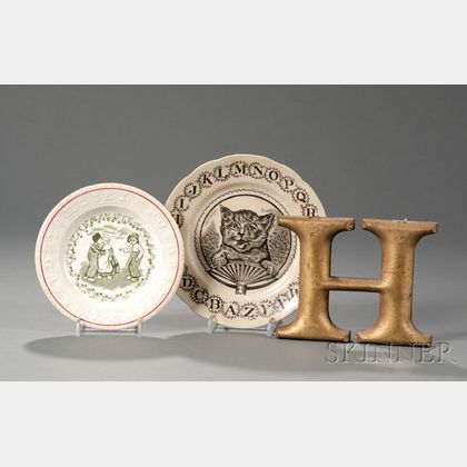 Two Transfer-decorated Pottery Children's Plates and a Carved Wooden Letter "H,"