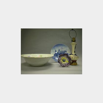 Ceramic Table Lamp Base, Chamber Basin, German Scenic Plate and Italian Flower-form Dish. 