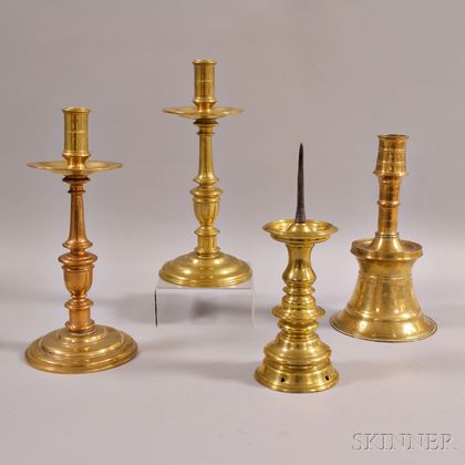 Four Large European Brass Candlesticks