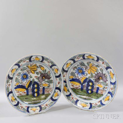 Pair of Dutch Delft Polychrome Ceramic Chargers