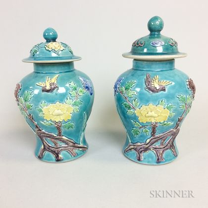 Pair of Fahua Porcelain Covered Jars