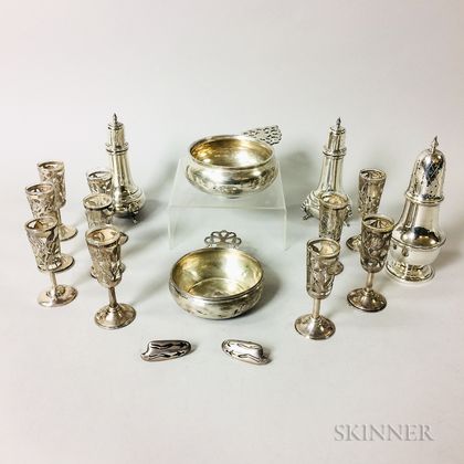 Two Sterling Silver Porringers, Three Sterling Silver Salt Shakers, and a Pair of Mexican Sterling Silver Cuff Links