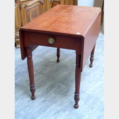 Late Federal Red-painted Drop-leaf Table with End Drawer. 