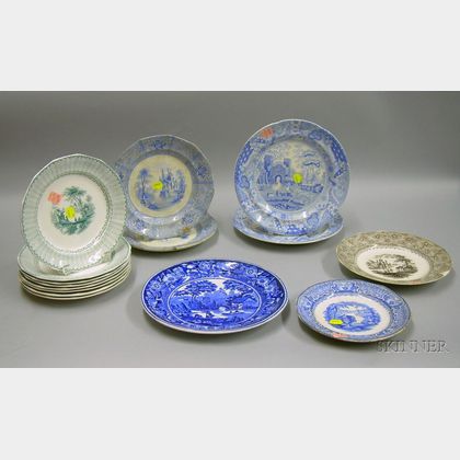 Set of Eight R.H. & Co. Transfer Chapoo Pattern Staffordshire Plates and Seven Assorted English Transfer Decora... 