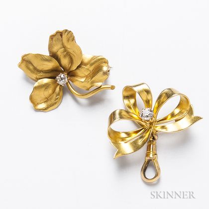 18kt Gold and Diamond Fob/Brooch and a 14kt Gold and Diamond Flower Brooch