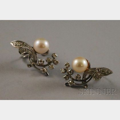 14kt White Gold, Diamond, and Cultured Pearl Earrings