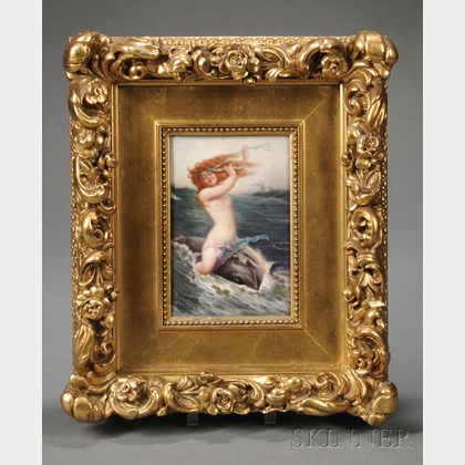 Continental Painted Porcelain Plaque Depicting a Nymph Riding Astride a Dolphin