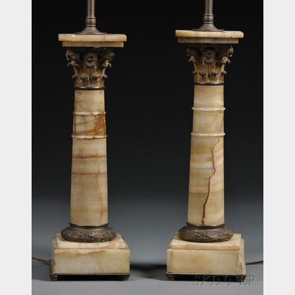Pair of Gilt-bronze-mounted Onyx Column-form Lamp Bases